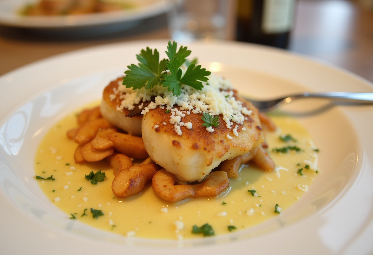 Finished Pâtes Papillon à la Viande Hachée et Sauce Crémeuse, garnished with parsley and cheese.