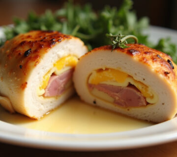 Pechuga de pollo rellena de jamón y queso, dorada y lista para servir.