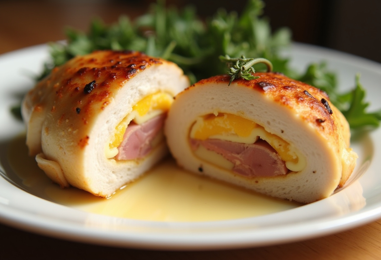 Pechuga de pollo rellena de jamón y queso, dorada y lista para servir.