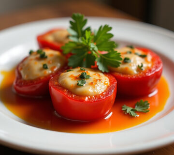 Pimientos del piquillo rellenos de bacalao, listos para servir y disfrutar.