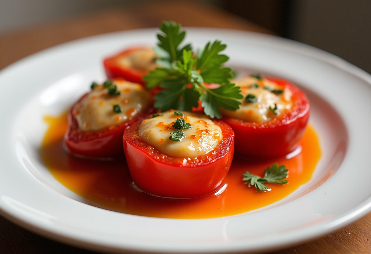Pimientos del piquillo rellenos de bacalao, listos para servir y disfrutar.