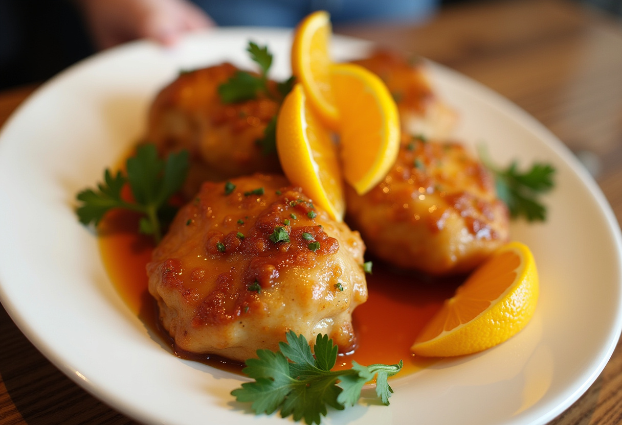 Pollo a la naranja terminado, glaseado con salsa y decorado con rodajas de naranja y perejil.