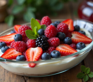 Postre italiano refrescante con queso mascarpone y frutas, listo para servir.