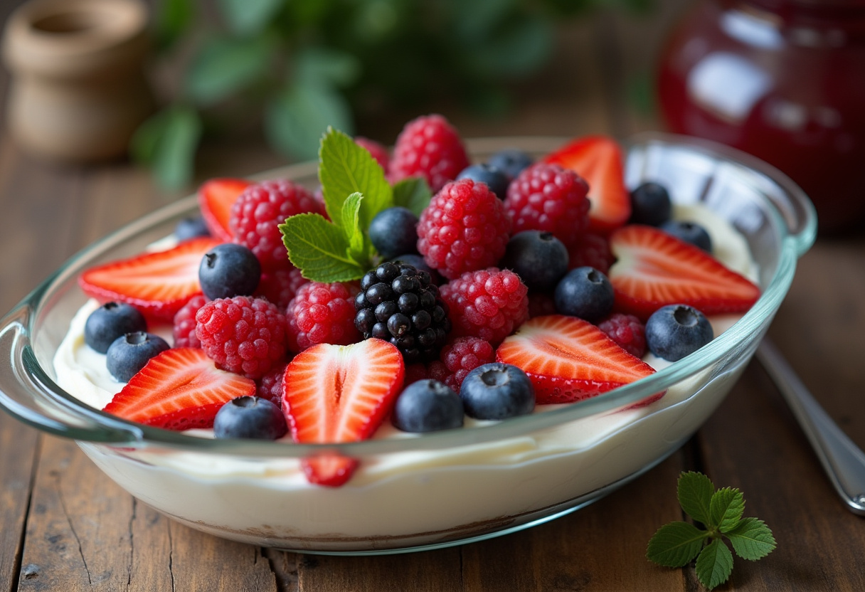 Postre italiano refrescante con queso mascarpone y frutas, listo para servir.