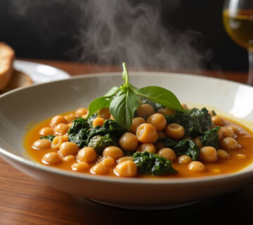 Plato terminado de potaje de vigilia con garbanzos y espinacas, decorado con aceite de oliva y acompañado de pan.