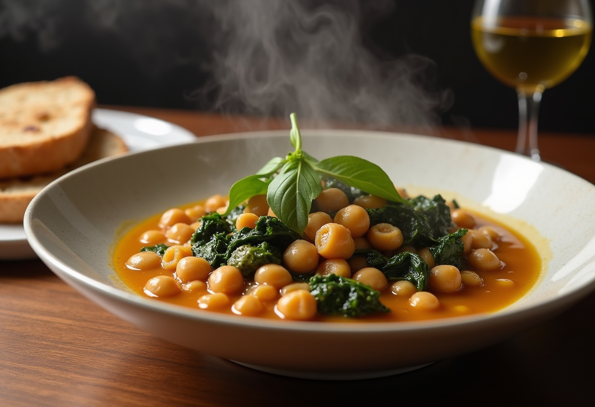 Plato terminado de potaje de vigilia con garbanzos y espinacas, decorado con aceite de oliva y acompañado de pan.