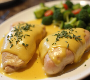 Plato final de Poulet Moutarde & Crème con pollo tierno y salsa cremosa de mostaza, listo para servir.