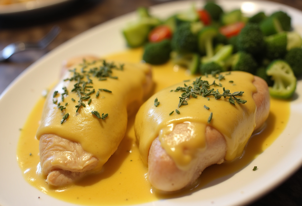 Plato final de Poulet Moutarde & Crème con pollo tierno y salsa cremosa de mostaza, listo para servir.