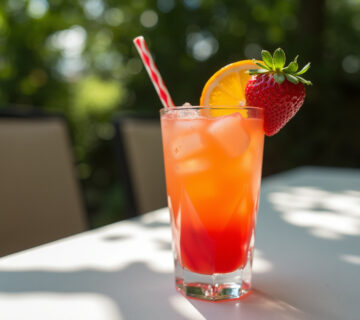 Vaso de Punch aux Fruits Maison decorado con frutas, listo para disfrutar en un día soleado.