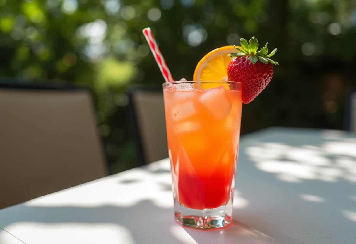 Vaso de Punch aux Fruits Maison decorado con frutas, listo para disfrutar en un día soleado.