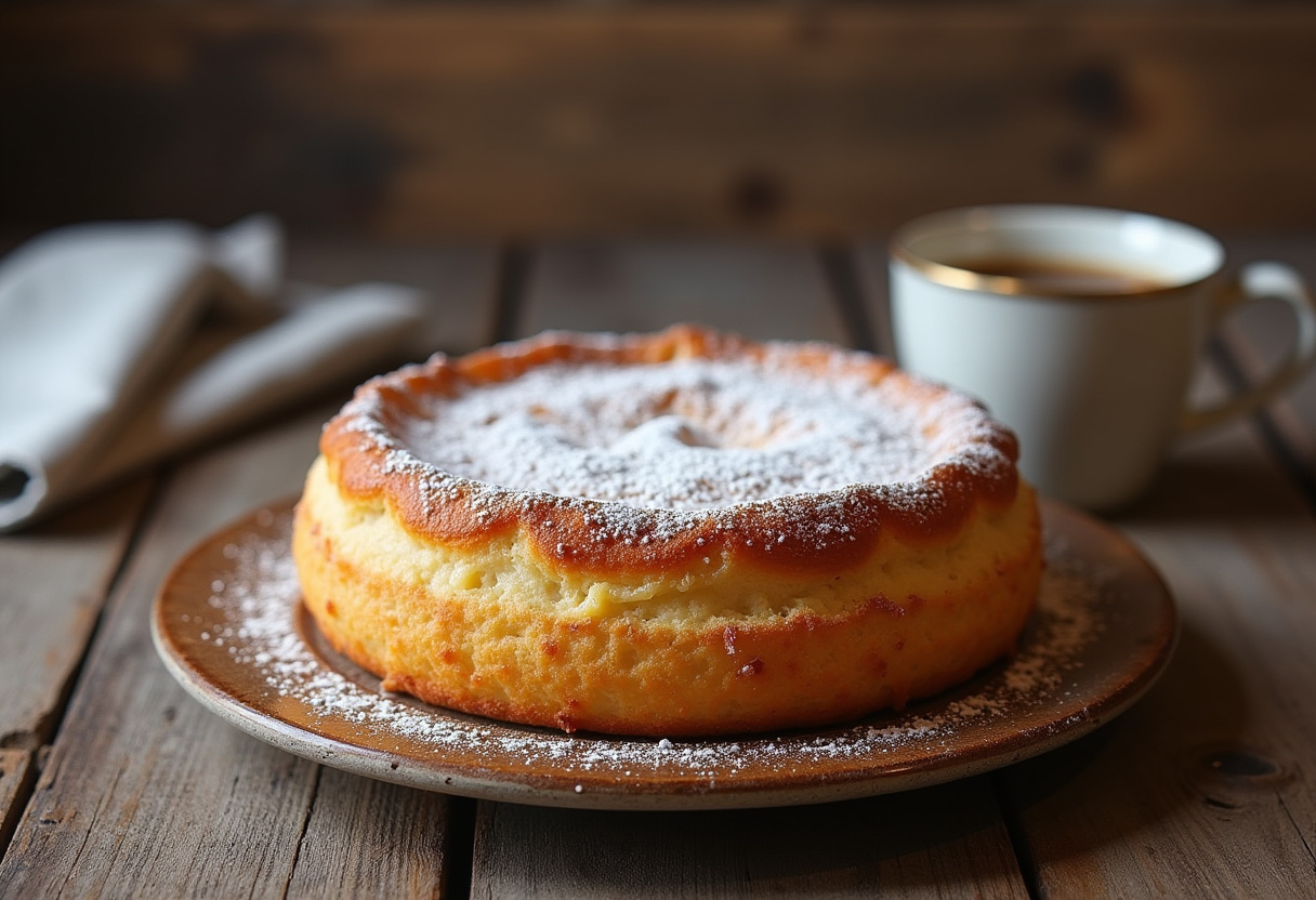 Quesada pasiega cántabra recién horneada y espolvoreada con azúcar glas, lista para servir.