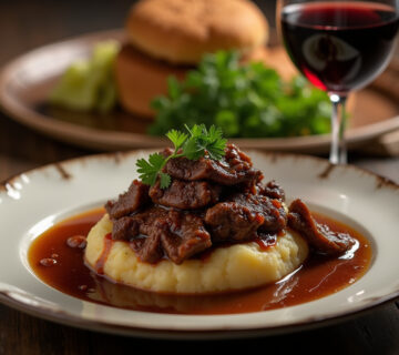 Plato final de rabo de toro estofado servido con puré de patatas y decorado con perejil fresco.