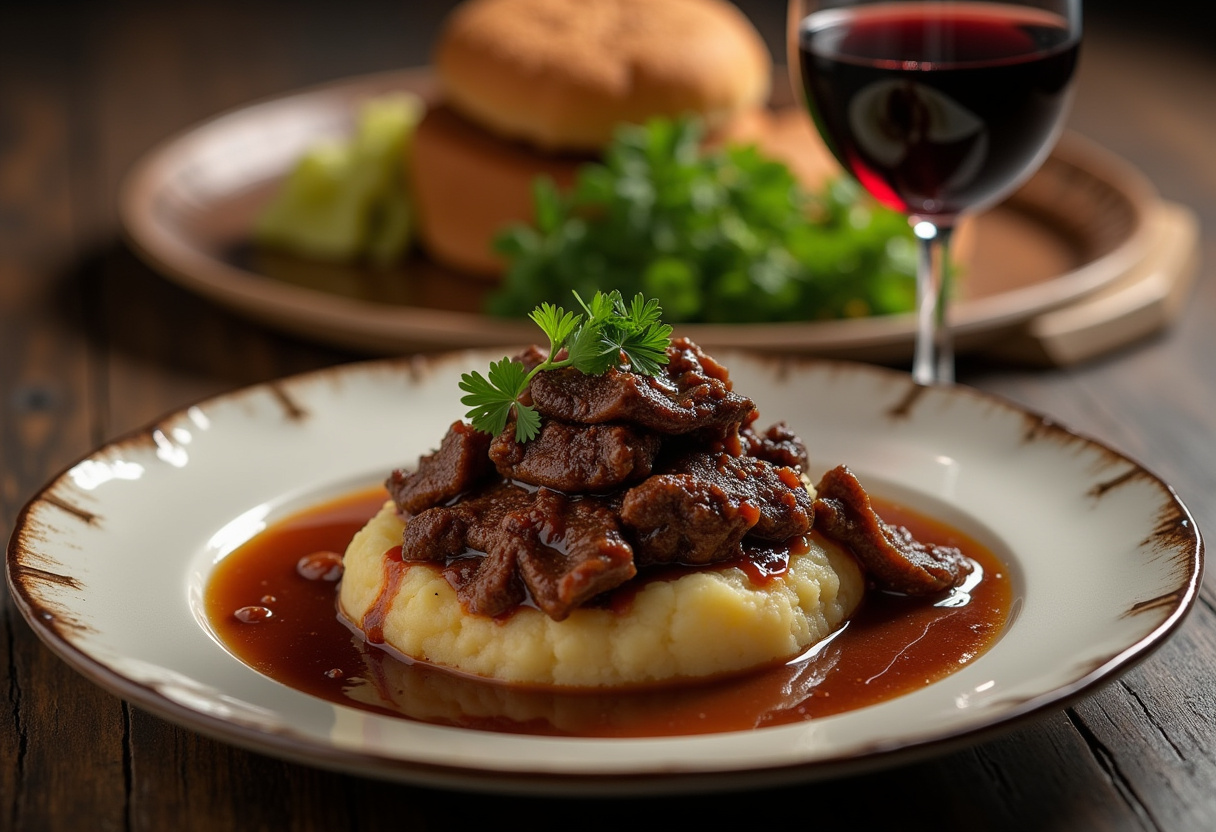 Plato final de rabo de toro estofado servido con puré de patatas y decorado con perejil fresco.