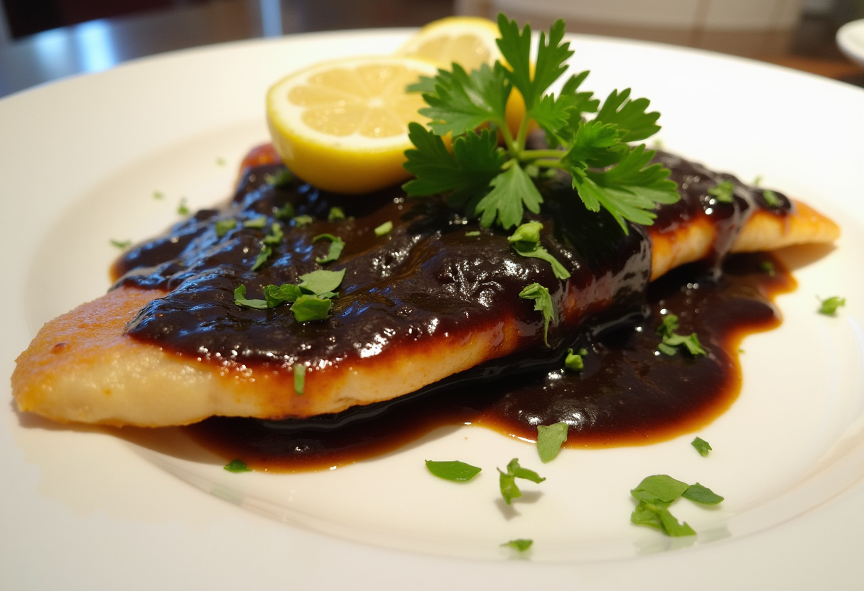 Finished Raya en salsa negra, a Spanish delicacy featuring skate wing in rich black squid ink sauce.