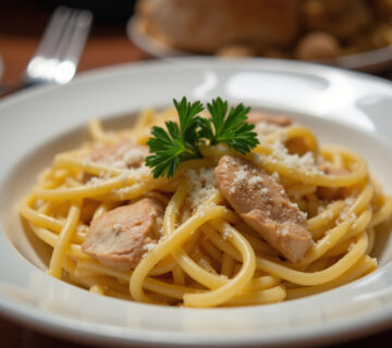 Pasta cremosa con pollo terminada, decorada con perejil y queso parmesano, lista para servir.