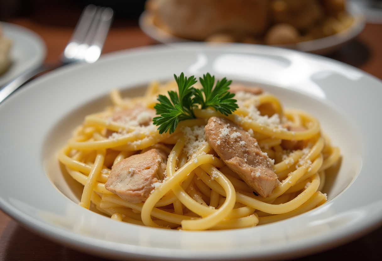Pasta cremosa con pollo terminada, decorada con perejil y queso parmesano, lista para servir.
