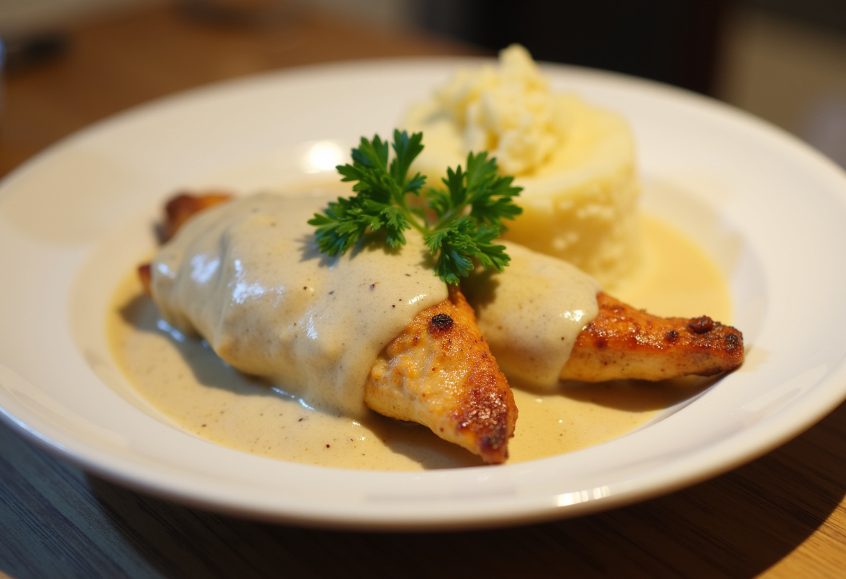 Pechugas de pollo a la crema terminadas, listas para servir con puré de papas.