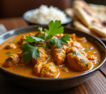 Pollo al Curry terminado, servido con arroz basmati y pan naan, listo para disfrutar.