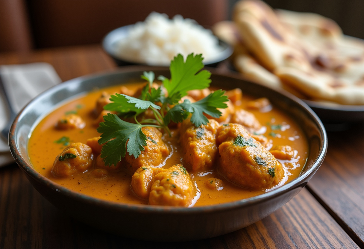 Pollo al Curry terminado, servido con arroz basmati y pan naan, listo para disfrutar.