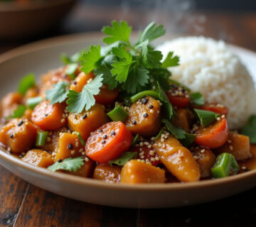 Plato terminado de wok de pollo con verduras, decorado con semillas de sésamo y cilantro fresco, acompañado de arroz blanco.