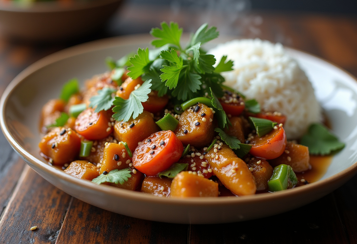 Plato terminado de wok de pollo con verduras, decorado con semillas de sésamo y cilantro fresco, acompañado de arroz blanco.