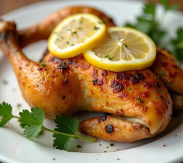 Pollo al horno con limón dorado y jugoso, decorado con hierbas frescas y rodajas de limón, listo para servir.