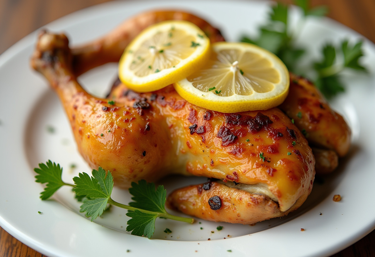 Pollo al horno con limón dorado y jugoso, decorado con hierbas frescas y rodajas de limón, listo para servir.