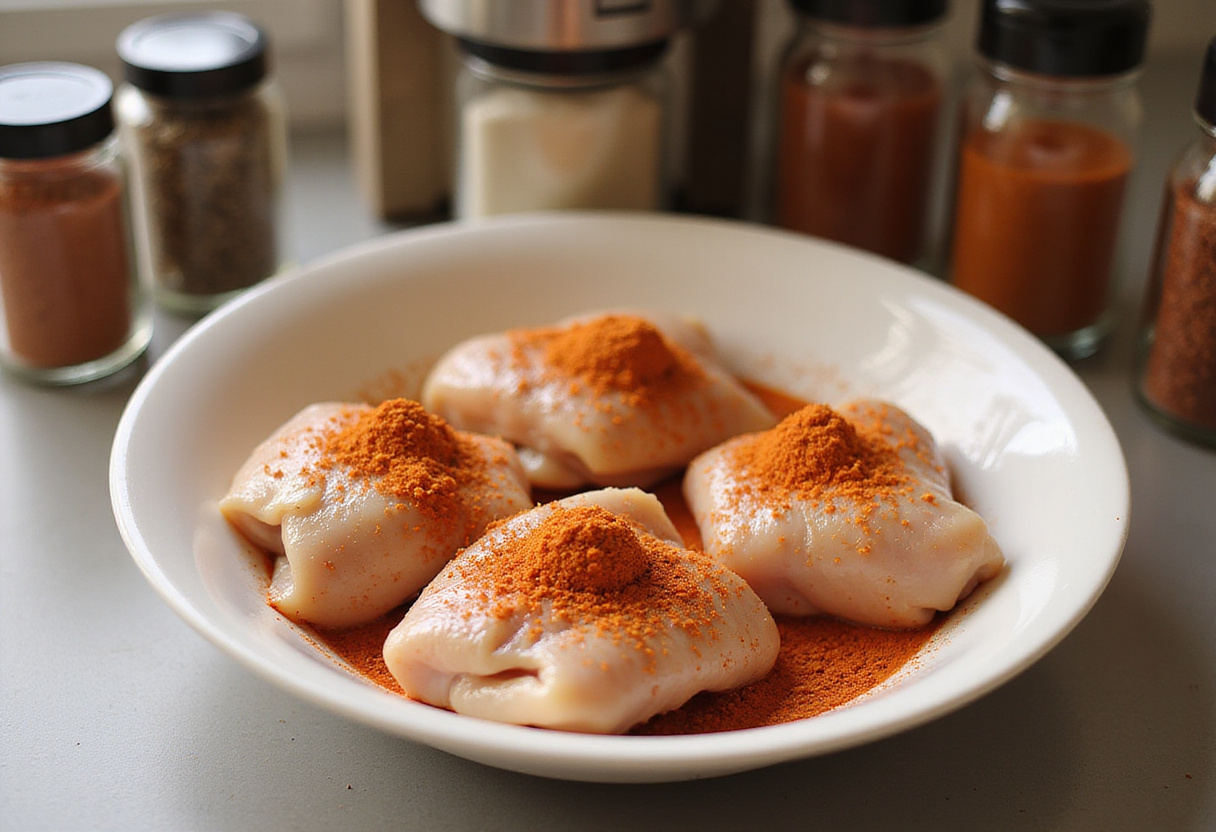 Muslos de pollo sazonados con pimentón y pimienta, listos para la receta de la abuela.