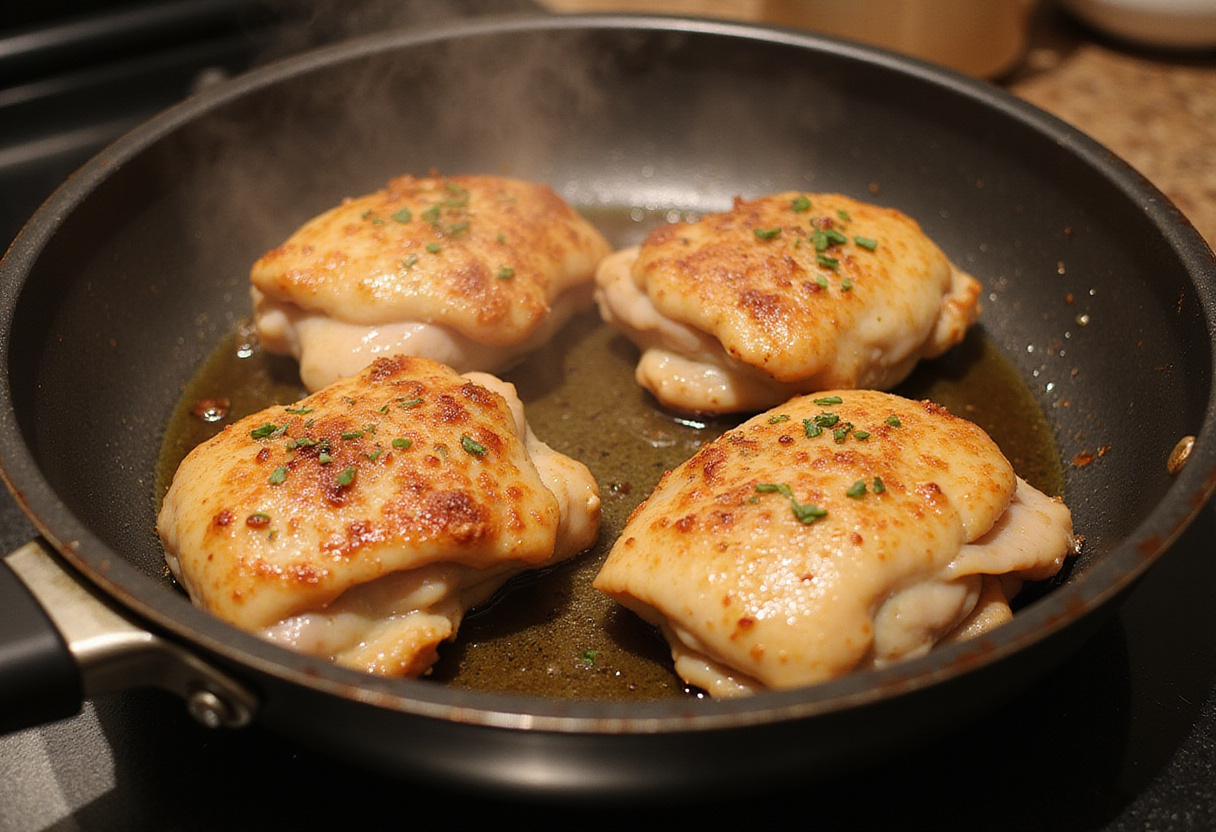 Muslos de pollo dorándose en una sartén para la receta de la abuela.
