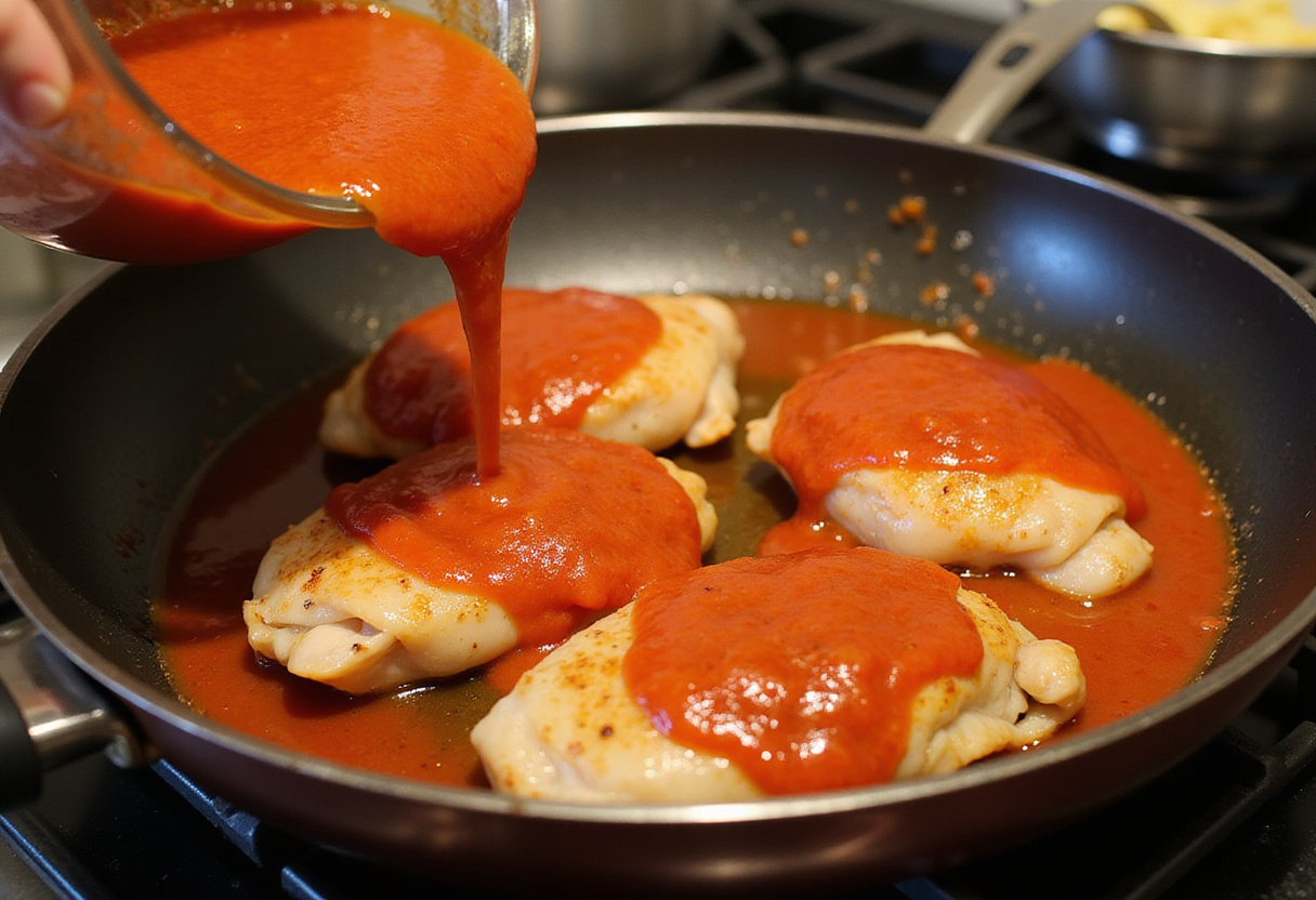 Salsa de tomate vertida sobre los muslos de pollo para la cocción lenta de la receta de la abuela.