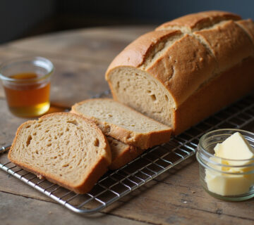 Delicious and easy homemade whole wheat bread slices displayed with honey and butter.