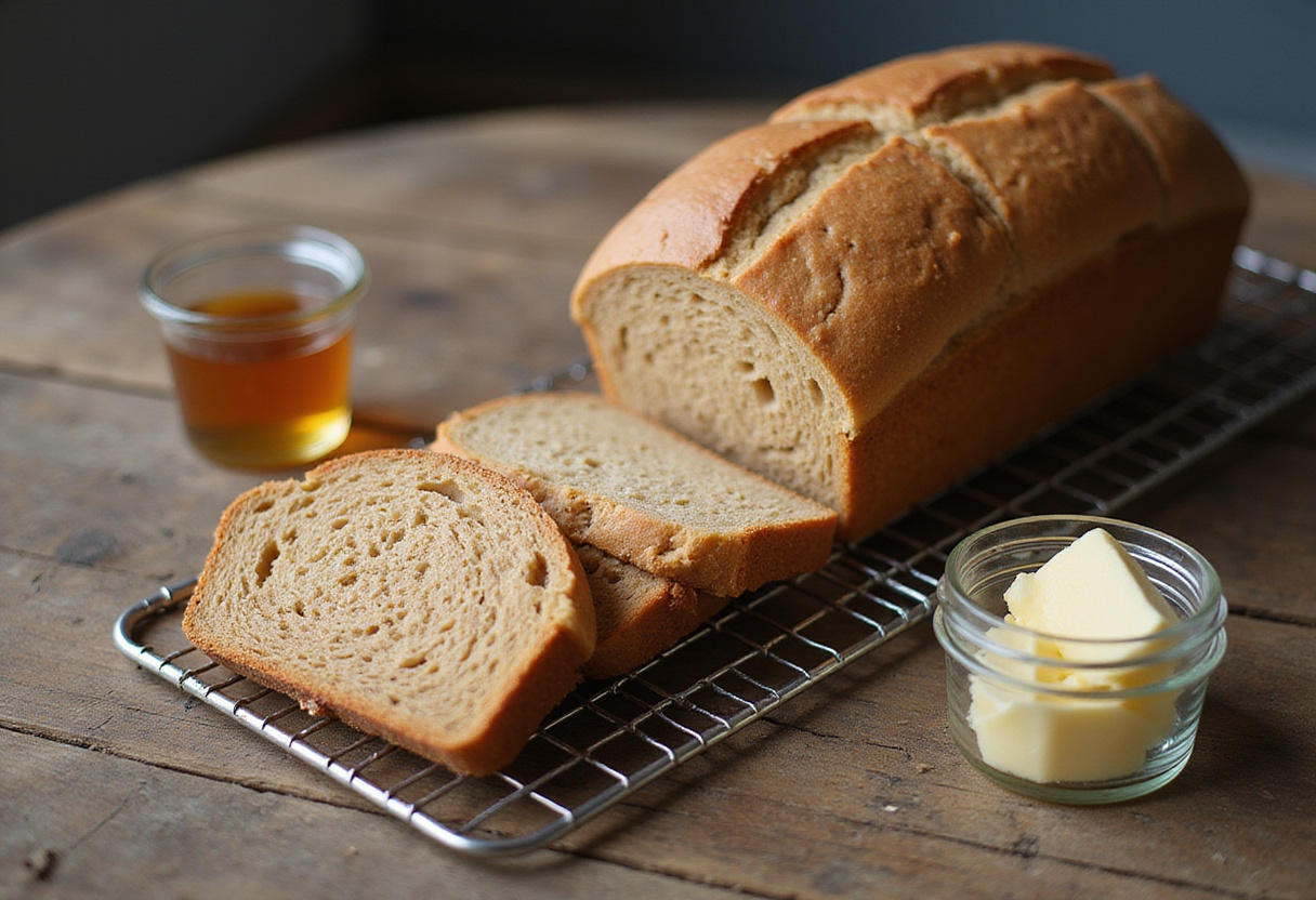 Delicious and easy homemade whole wheat bread slices displayed with honey and butter.