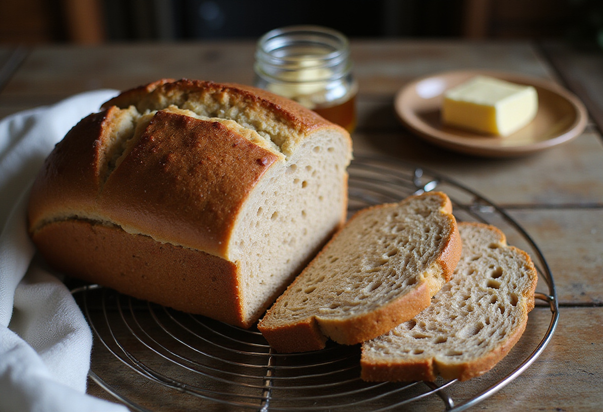 Delicious and easy homemade whole wheat bread slices displayed with honey and butter.