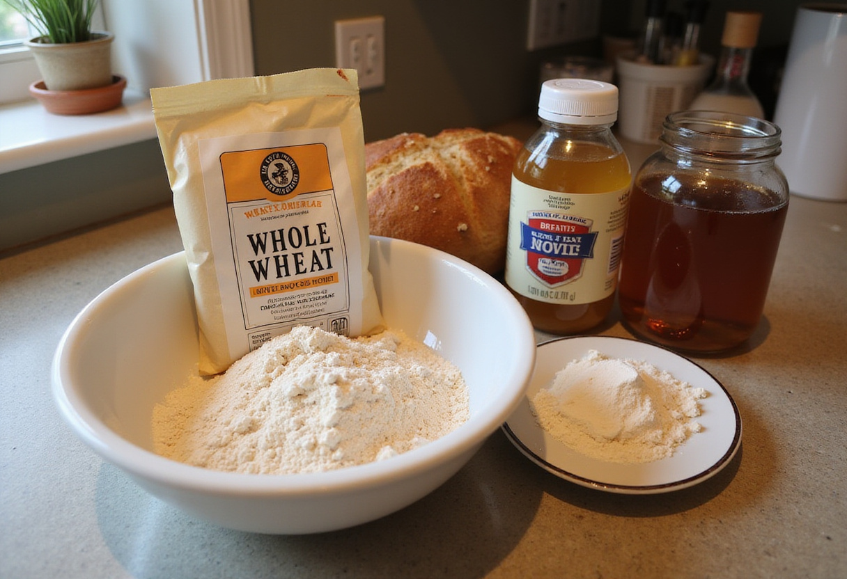 Ingredients for making easy and delicious whole wheat bread on a kitchen counter.