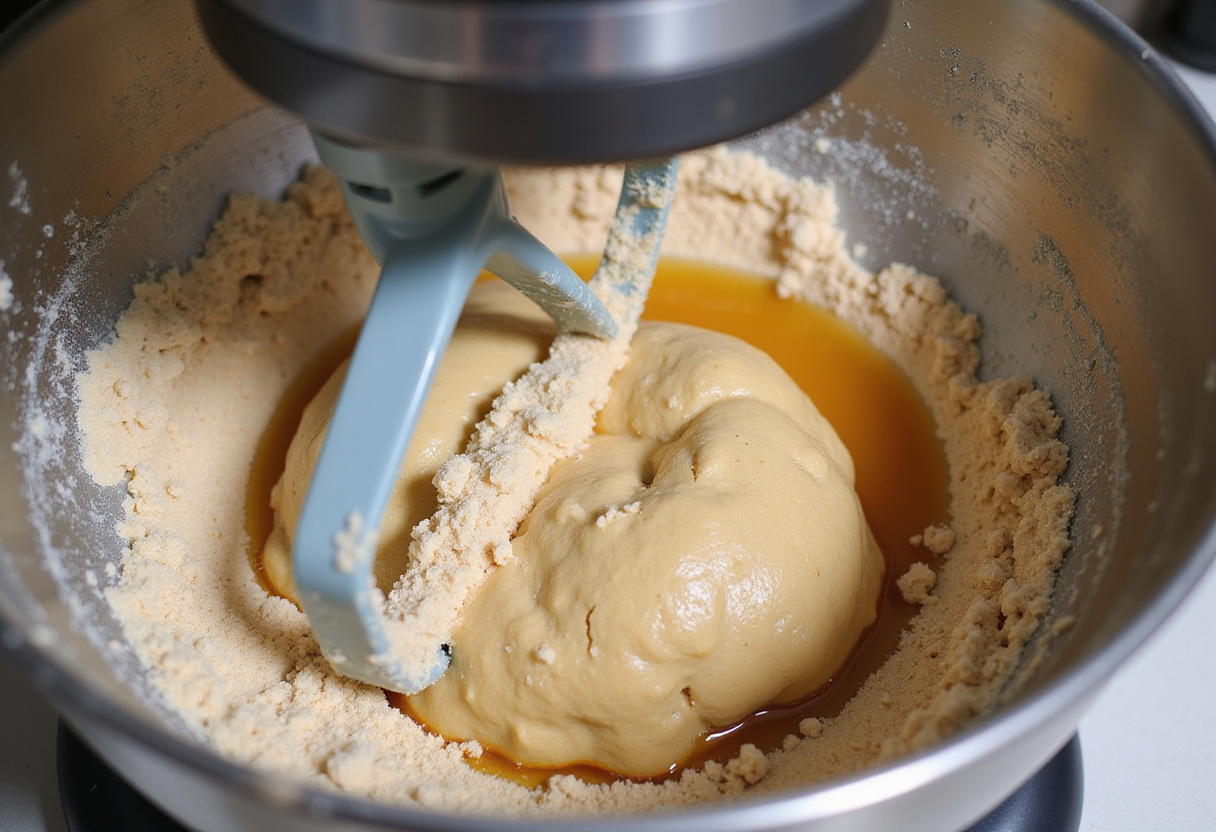 Kneading whole wheat bread dough in a stand mixer.