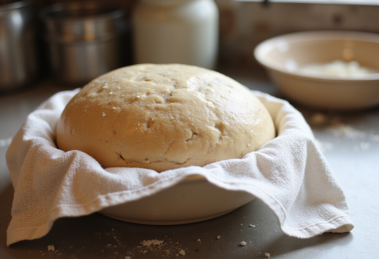 Whole wheat bread dough rising in a bowl.