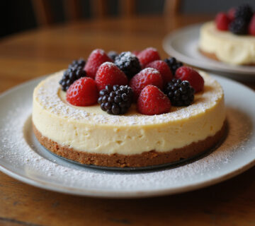 Tarta de queso sin horno decorada con frutos rojos, lista para disfrutar.