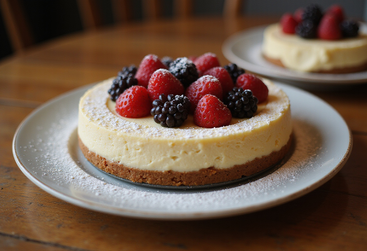 Tarta de queso sin horno decorada con frutos rojos, lista para disfrutar.