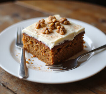 Slice of delicious carrot cake with cream cheese frosting and walnuts, a perfect dessert.
