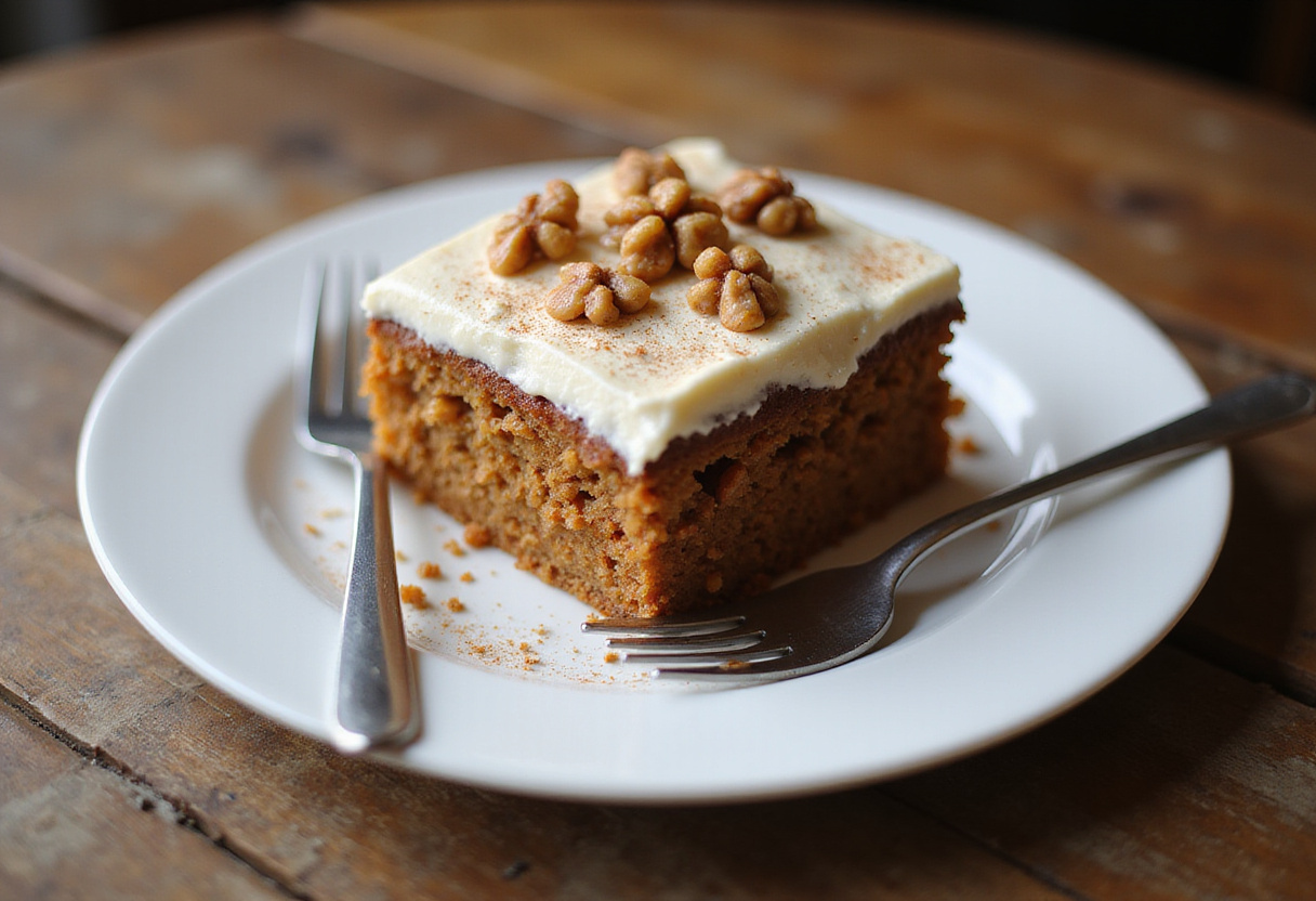 Slice of delicious carrot cake with cream cheese frosting and walnuts, a perfect dessert.