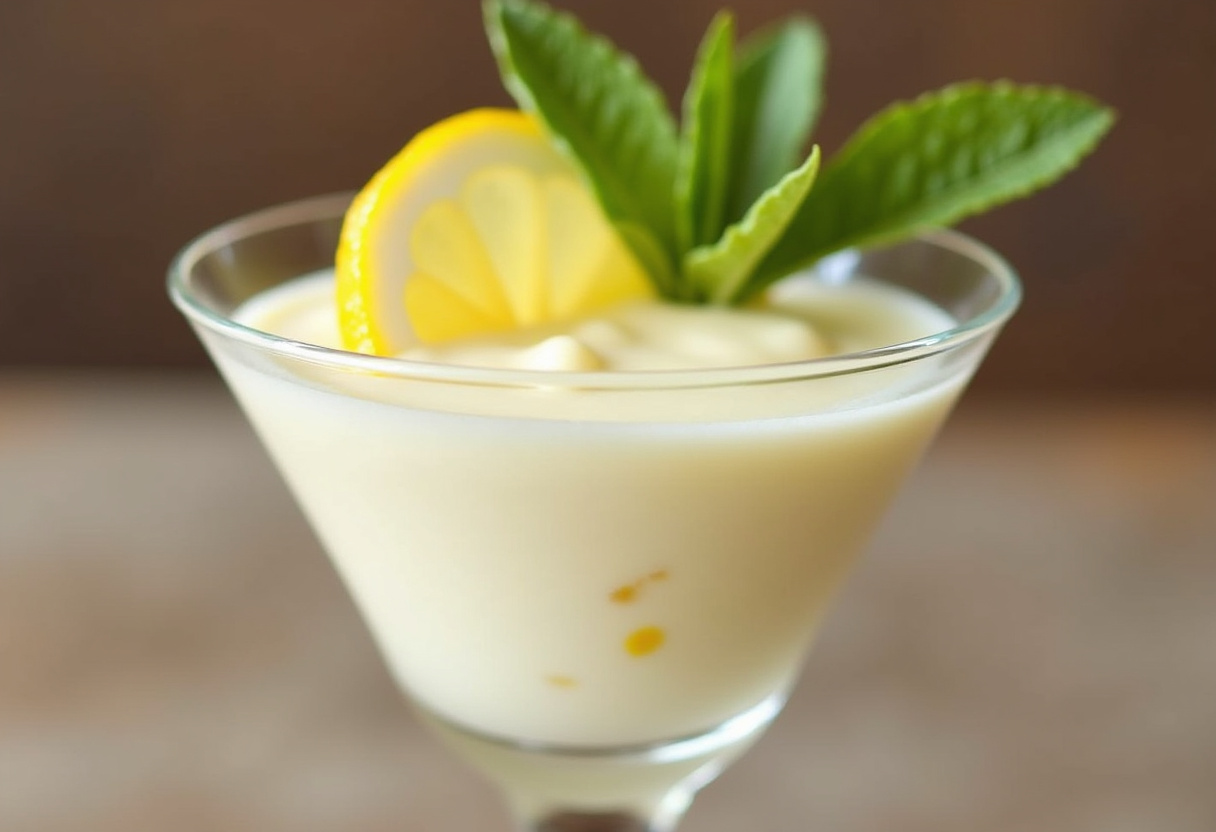 Crema al limón terminada, servida en copa con decoración de limón y menta.