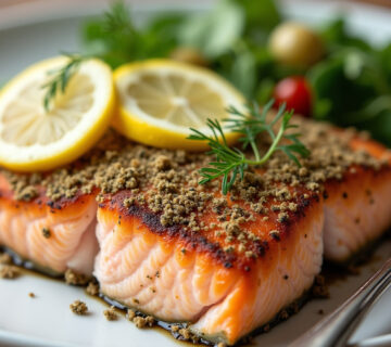 Salmón al horno con costra de hierbas dorado y jugoso, listo para servir con guarnición.