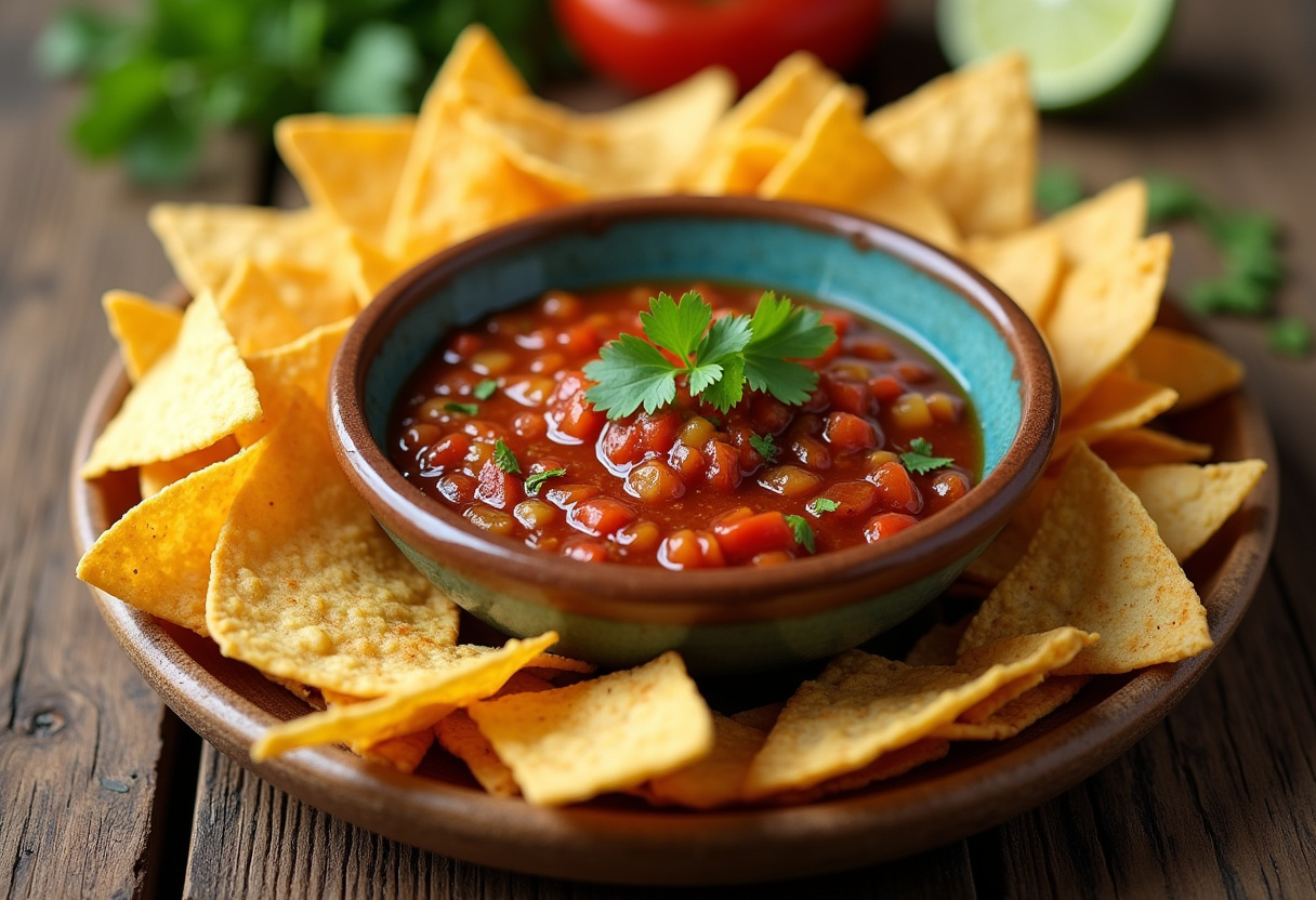 Deliciosa salsa dip casera con totopos, perfecta para compartir.