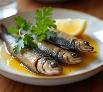 Sardinas en escabeche frías, decoradas con perejil y limón, listas para servir.