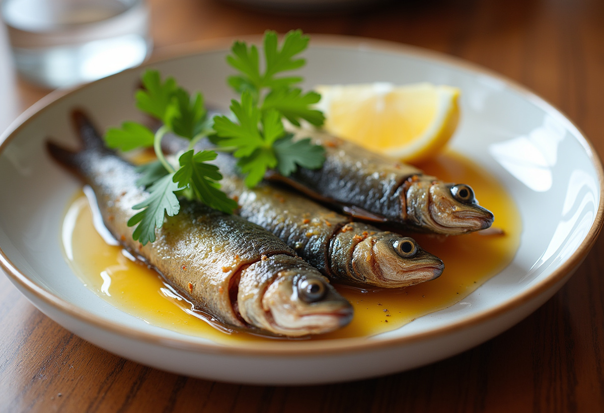 Sardinas en escabeche frías, decoradas con perejil y limón, listas para servir.