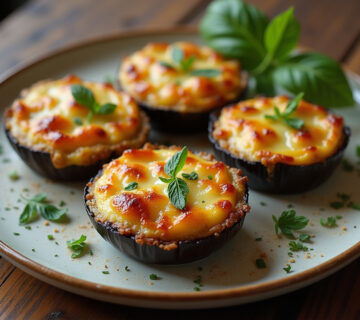 Tartaletas de berenjena y queso doradas y aromáticas, decoradas con hierbas frescas, listas para servir.