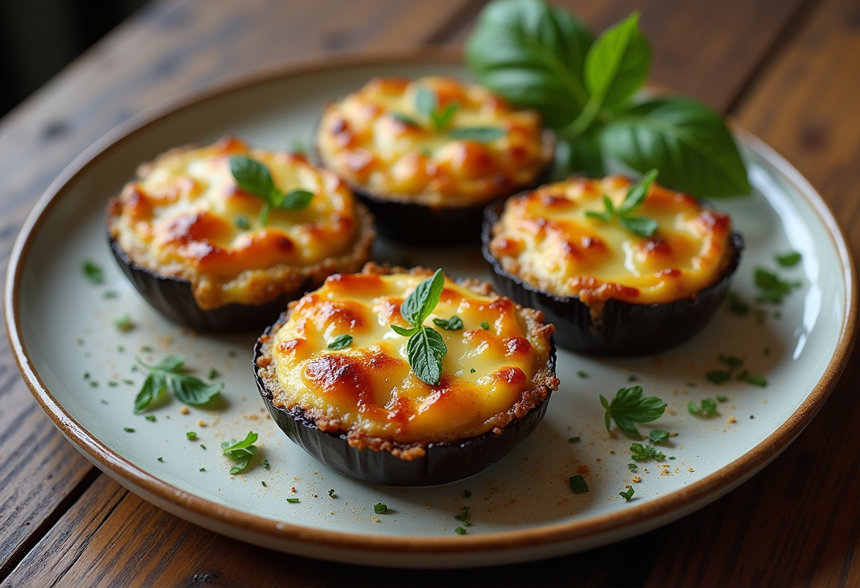 Tartaletas de berenjena y queso doradas y aromáticas, decoradas con hierbas frescas, listas para servir.
