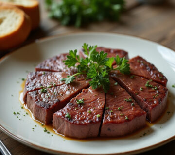 Plato terminado de Serbisches Reisfleisch, decorado con perejil fresco y acompañado de pan rústico.