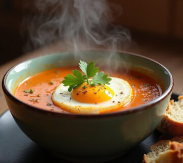 Tazón humeante de Sopa de ajo castellana con huevo escalfado y perejil, listo para servir.