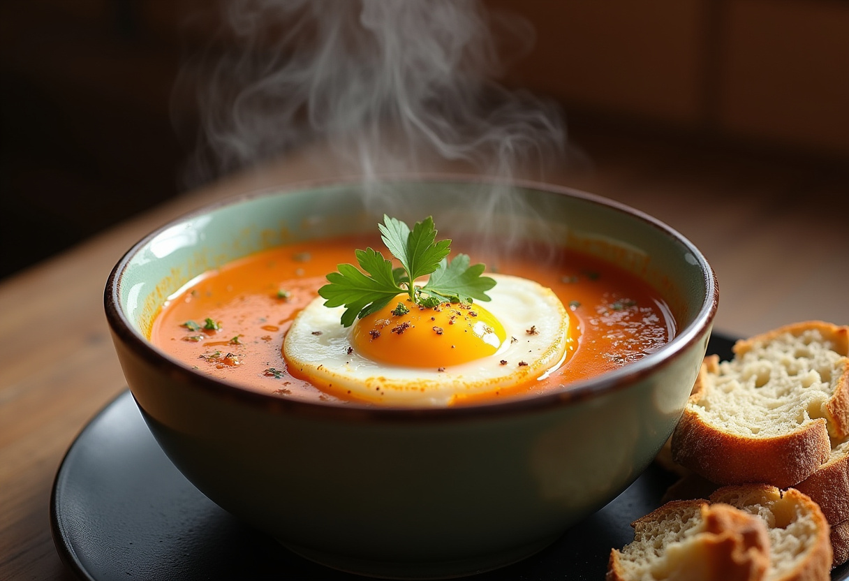 Tazón humeante de Sopa de ajo castellana con huevo escalfado y perejil, listo para servir.